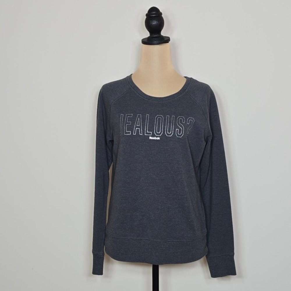 Reebok Womens Jealous Graphic Sweatshirt Charcoal Gray Raglan Pullover‎ Small